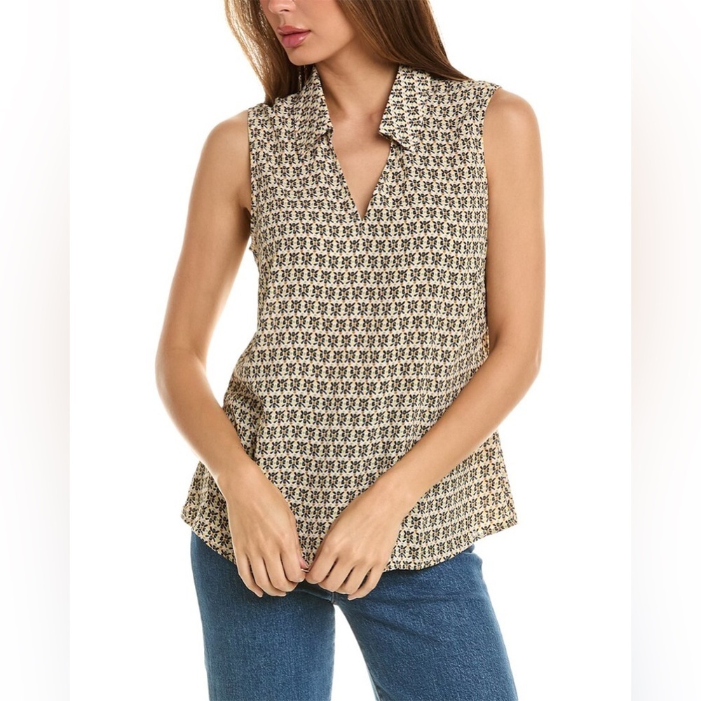 Cabi Bitmap Top Geometric Block Print V-Neck Sleeveless Blouse Size Small